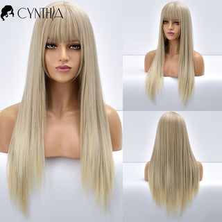Blonde Ombre Long Straight Gold Synthetic Wig With Bangs For Black White Women Heat Resistant Fiber Daily Hair Cosplay Wigs ALODIA STORE