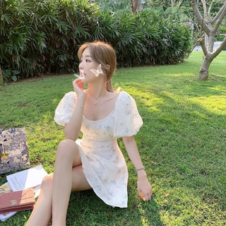 Summer Elegant Puff Sleeve French Floral Print Mini Dress Japan Style Kawaii Dress Women 2023 ALODIA STORE