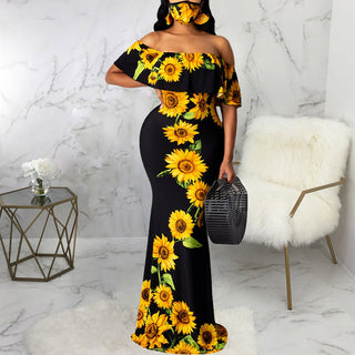 Sunflower Print Off Shoulder Maxi Dress Women Strapless Slash Neck Casual Long Dresses ALODIA STORE