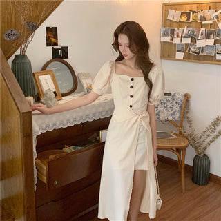 French Elegant Dress Women 2020 Autumn Casual Gothic Square Collar Puff Sleeve Chic Vintage Party Dress One-Piece Dress Korean ALODIA STORE