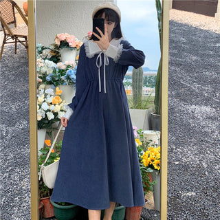 Vintage Dress Women Sweet Lace Peter Pan Collar French Elegant Long Sleeve Lace-Up Fairy One Piece Dress Korean 2021 Autumn Chic ALODIA STORE