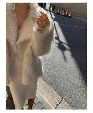 Elegant Long White Knitting Dress Women Winter V-Neck Long ALODIA STORE