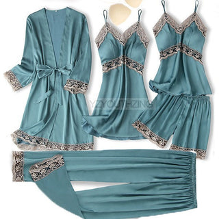 5PCS Robe Suit Satin Women Nightwear Lace Kimono Gown Bridal Wedding Bathrobe Set Sexy Pajamas V-Neck Sleepwear Lounge Lingerie ALODIA STORE