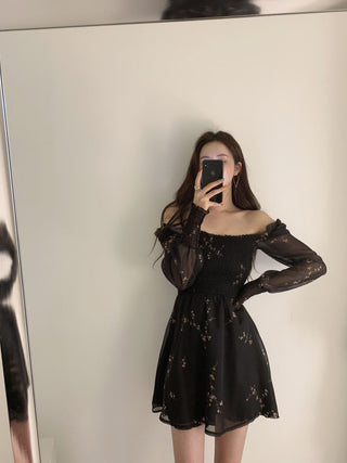 Sexy Black Dress Vintage Flower Long Puff Sleeve Chiffon Dresses ALODIA STORE