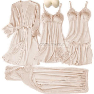 5PCS Robe Suit Satin Women Nightwear Lace Kimono Gown Bridal Wedding Bathrobe Set Sexy Pajamas V-Neck Sleepwear Lounge Lingerie ALODIA STORE