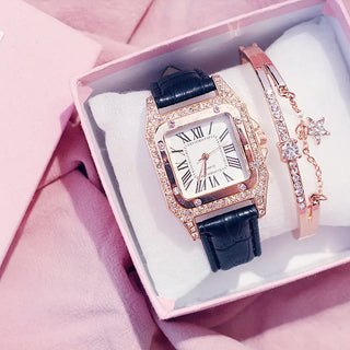 Women Diamond Watch Starry Square Dial Bracelet Watches Set Ladies Leather Band Quartz Wristwatch Female Clock Zegarek Damski ALODIA STORE