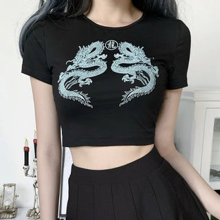 Women Gothic Crop Top Summer Sexy T Shirt Japanese Harajuku Tee Goth Croptop Black Short Sleeve Clothes Dragon Print ALODIA STORE