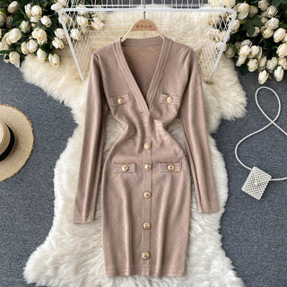 Women Knitted Pencil Dress Korean Long Sleeve V Neck Elastic Slim Dress ALODIA STORE
