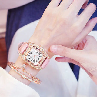Women Diamond Watch Starry Square Dial Bracelet Watches Set Ladies Leather Band Quartz Wristwatch Female Clock Zegarek Damski ALODIA STORE