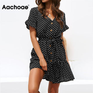 Aachoae Women Summer Beach Dress Casual Short Sleeve Polka Dot Dress Boho Mini Party Dress Elegant V Neck Sundress Vestidos ALODIA STORE