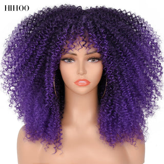 16''Short Hair Afro Kinky Curly Wig With Bangs For Black Women Cosplay Lolita Synthetic Natural Glueless Brown Mixed Blonde Wigs ALODIA STORE