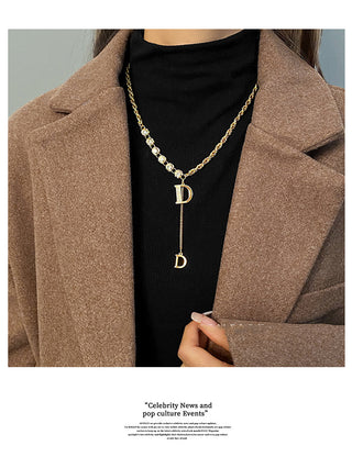 Design Sense Micro Setting Zircon D Letter Pendant Long Necklace Winter Sweater Chain Fashion Jewelry For Woman Girls Party Gift ALODIA STORE