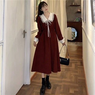 Vintage Dress Women Sweet Lace Peter Pan Collar French Elegant Long Sleeve Lace-Up Fairy One Piece Dress Korean 2021 Autumn Chic ALODIA STORE
