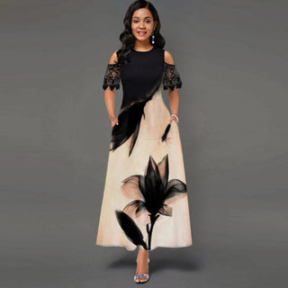 Fashion Vintage Long Dress Women Sexy Lace Short Sleeve Off-shoulder O-neck Party Dress 2021 Summer Floral Printed Elegant Dress ALODIA STORE