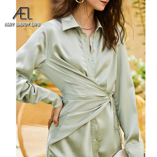 AEL lace up satin robe dress casual loose ladies Single breasted long shirt dress ALODIA STORE