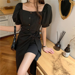 French Elegant Dress Women 2020 Autumn Casual Gothic Square Collar Puff Sleeve Chic Vintage Party Dress One-Piece Dress Korean ALODIA STORE
