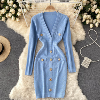 Women Knitted Pencil Dress Korean Long Sleeve V Neck Elastic Slim Dress ALODIA STORE