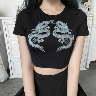 Women Gothic Crop Top Summer Sexy T Shirt Japanese Harajuku Tee Goth Croptop Black Short Sleeve Clothes Dragon Print ALODIA STORE