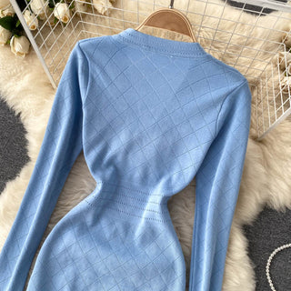 Women Knitted Pencil Dress Korean Long Sleeve V Neck Elastic Slim Dress ALODIA STORE