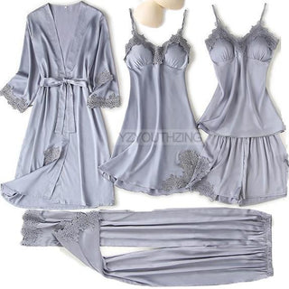 5PCS Robe Suit Satin Women Nightwear Lace Kimono Gown Bridal Wedding Bathrobe Set Sexy Pajamas V-Neck Sleepwear Lounge Lingerie ALODIA STORE