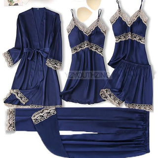 5PCS Robe Suit Satin Women Nightwear Lace Kimono Gown Bridal Wedding Bathrobe Set Sexy Pajamas V-Neck Sleepwear Lounge Lingerie ALODIA STORE