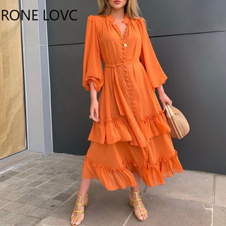 Women Ruffles Frill Hem Lantern Sleeve Button Front Dress Casual Dress Summer Dress ALODIA STORE