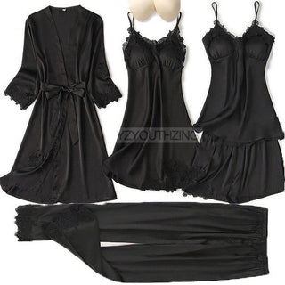 5PCS Robe Suit Satin Women Nightwear Lace Kimono Gown Bridal Wedding Bathrobe Set Sexy Pajamas V-Neck Sleepwear Lounge Lingerie ALODIA STORE