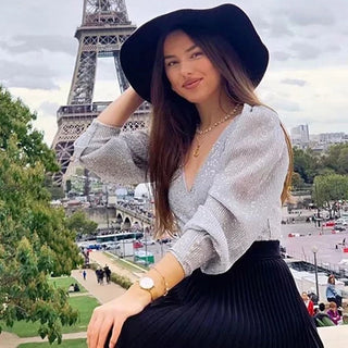 Elegant Women Sequined Tops 2021 Spring Fashion Ladies Vintage Silver Top Party Female Sexy V-Neck Tops Femme Girls Chic Clothes ALODIA STORE