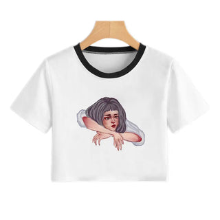 Summer Fashion Harajuku Sexy Tank Crop Top White Femme Clothes Women Cute Flower Season Girl Printed Croptop Short Sleeve ALODIA STORE