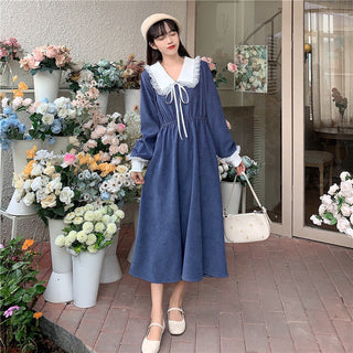 Vintage Dress Women Sweet Lace Peter Pan Collar French Elegant Long Sleeve Lace-Up Fairy One Piece Dress Korean 2021 Autumn Chic ALODIA STORE