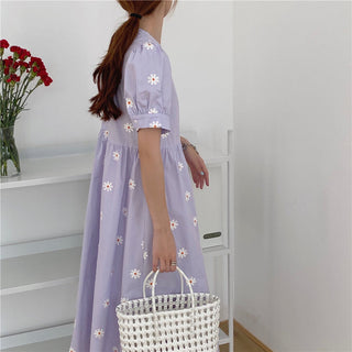 Alien Kitty Vinatge Floral Embroidery Elegant Women Dress 2021 New Summer Korean Style Puff Sleeve Party Long Dresses Vestidos ALODIA STORE