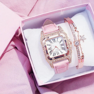 Women Diamond Watch Starry Square Dial Bracelet Watches Set Ladies Leather Band Quartz Wristwatch Female Clock Zegarek Damski ALODIA STORE