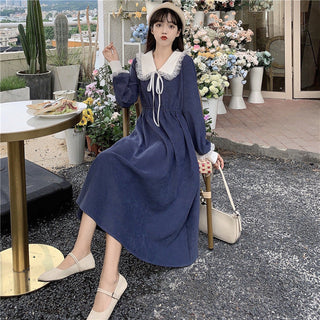 Vintage Dress Women Sweet Lace Peter Pan Collar French Elegant Long Sleeve Lace-Up Fairy One Piece Dress Korean 2021 Autumn Chic ALODIA STORE