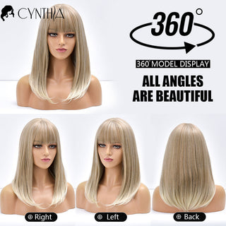 Blonde Ombre Long Straight Gold Synthetic Wig With Bangs For Black White Women Heat Resistant Fiber Daily Hair Cosplay Wigs ALODIA STORE