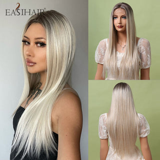 EASIHAIR Bright Blonde Lace Front Wigs Long Straight Natural Hair Wigs for Women Lace Frontal Synthetic Wig Heat Resistant ALODIA STORE