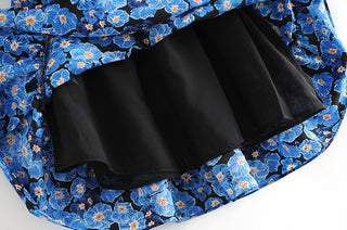 Vintage Blue Floral Print Dress Women Lantern Sleeve Square Neck A-line Dress Modern Female Holiday Summer Mini Chiffon Dress ALODIA STORE