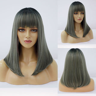 Blonde Ombre Long Straight Gold Synthetic Wig With Bangs For Black White Women Heat Resistant Fiber Daily Hair Cosplay Wigs ALODIA STORE