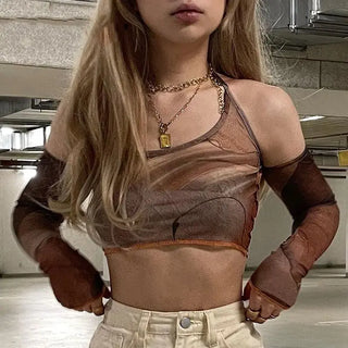 90s Women Aesthetic Brown Corset Top Vintage Crop Top Y2k Grunge Kawaii With Glove Fashion Sweats Summer Sexy Camis Korean Style ALODIA STORE