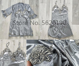 4PCS Satin Sleepwear Lady Pajamas Suit Nighty&amp;Robe Set Sexy Intimate Lingerie Casual Bridal Wedding Gift Homewear Nightgown ALODIA STORE
