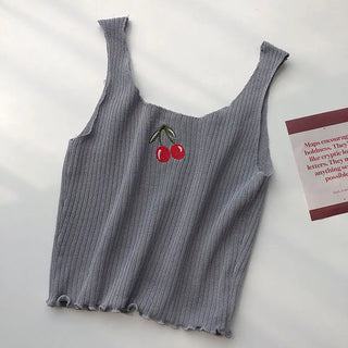 Cherries Embroidery Sleeveless Ropa Para Mujer Cropped Black Top Knitted Tank White Ribbed Camis Purple Croptop Womens Clothes ALODIA STORE
