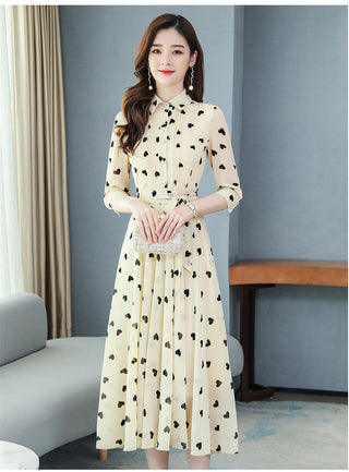 2023 Korean summer new stand-up collar seven-point sleeves temperament chiffon floral big swing dress women ALODIA STORE