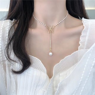 women geometry necklace, pearl asymmetry of fashionable, metal, aureate bowknot, collarbone chain necklace fashion ALODIA STORE