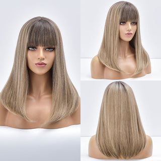Blonde Ombre Long Straight Gold Synthetic Wig With Bangs For Black White Women Heat Resistant Fiber Daily Hair Cosplay Wigs ALODIA STORE
