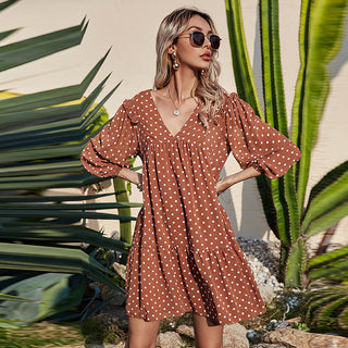 Aachoae Women Casual Loose Polka Dot Dress V Neck Pleated Chiffon Dress Lantern Half Sleeve Mini Beach Dress Summer Robe Femme ALODIA STORE