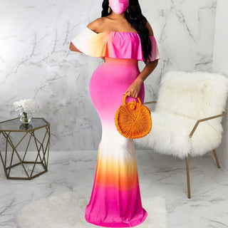 Sunflower Print Off Shoulder Maxi Dress Women Strapless Slash Neck Casual Long Dresses ALODIA STORE