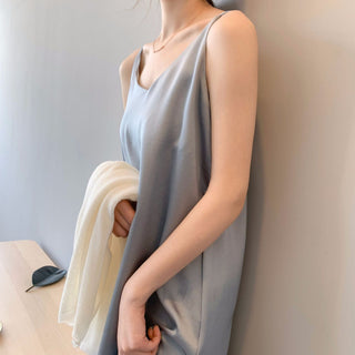 Spring summer Woman Tank Dress Casual Satin Sexy Camisole Elastic Female Home Beach Dresses v-neck camis sexy dress ALODIA STORE