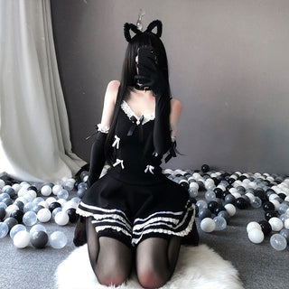 Woman Sexy Lingerie Maid Cosplay Costumes Cute Black Dress and Thong Anime School Girl Gothic Outfit with Hat and Glove ALODIA STORE