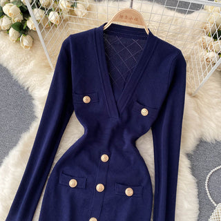 Women Knitted Pencil Dress Korean Long Sleeve V Neck Elastic Slim Dress ALODIA STORE