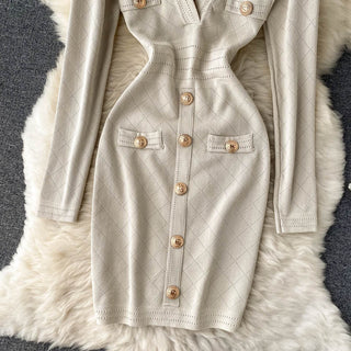 Women Knitted Pencil Dress Korean Long Sleeve V Neck Elastic Slim Dress ALODIA STORE