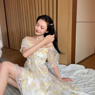 French Floral Dress Women Sexy Puff Sleeve Lace Chiffon Print Mini Dress Women Summer Korean Style Vintage Fairy Dress New 2023 ALODIA STORE